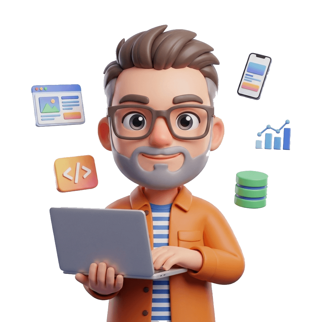 Illustration d'un développeur travaillant sur un ordinateur portable, entouré d'icônes de site web, d'application mobile, de code, de statistiques et de base de données