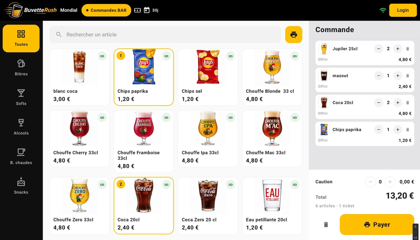 Écran de prise de commande de l'application BuvetteRush : catalogue des boissons à gauche, commande en cours et total à droite.