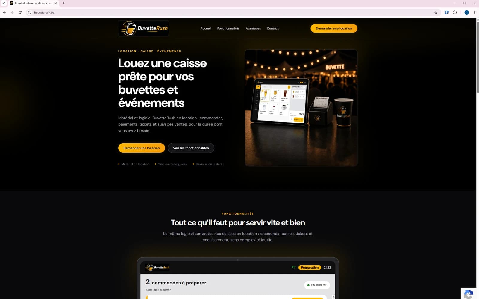 Page d'accueil du site BuvetteRush : la caisse en location présentée avec son matériel.