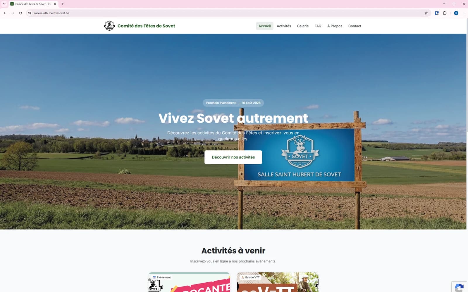 Page d'accueil du Comité des Fêtes de Sovet, avec l'annonce du prochain événement et les inscriptions.