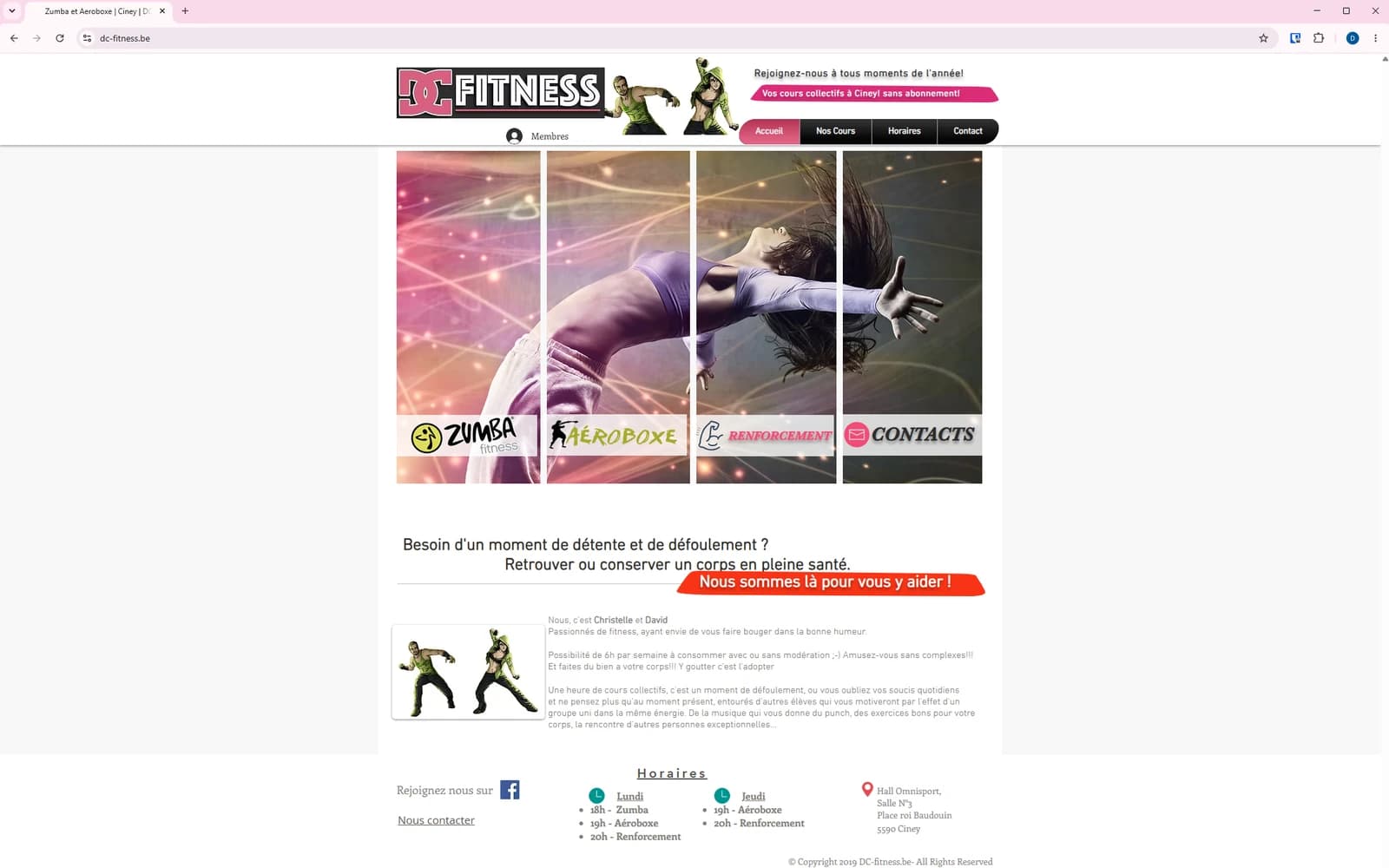 Page d'accueil de DC-Fitness : accès aux disciplines, horaires des cours et espace membres.
